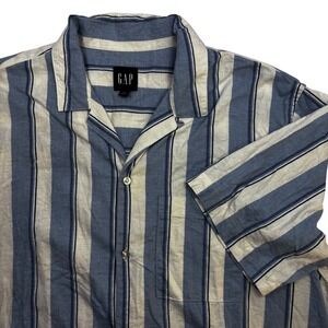 Gap Mens Blue White Striped Linen Blend Short Sleeve Camp Collar Shirt Large